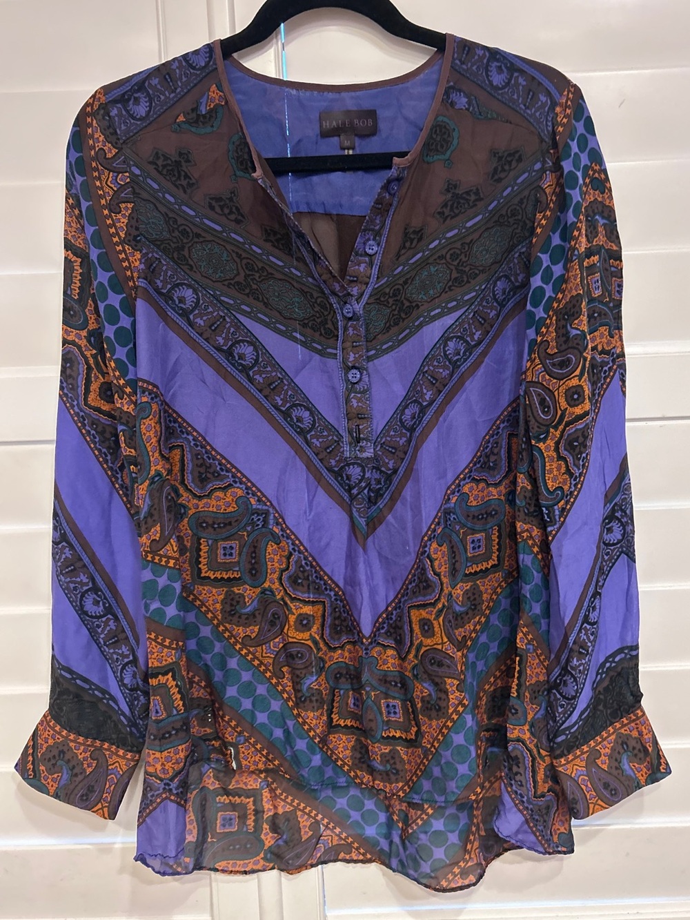Hale Bob 100% Silk Paisley Print Button Front Blouse Purple Brown Multi Medium